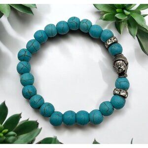 Faux Turquoise Buddha Beaded Stretch Bracelet with Silver and Rhinestone Accents